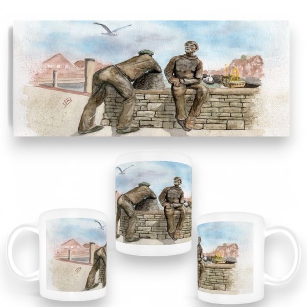 Tasse Becher Kaffeebecher  Aquarell Maritim Kunst Druck Kunstdruck Nordsee Ostfriesland Alt- und Jungfischer Neuharlingersiel